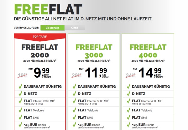 Neue freeFLAT Allnet-Flatrate Tarife mit 24 Monaten Laufzeit