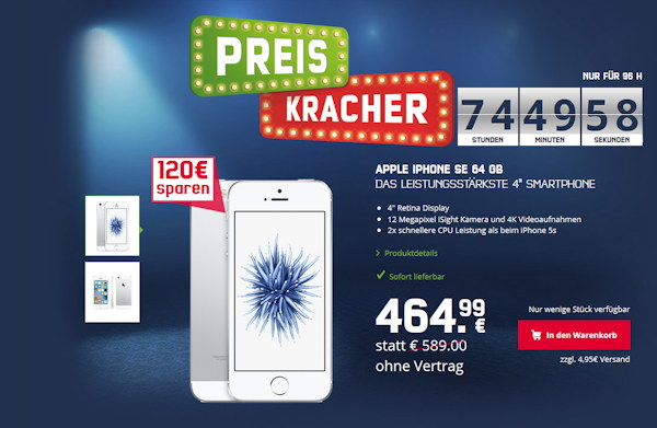 mobilcom-debitel: iPhone SE 64 GB für 464,99 Euro