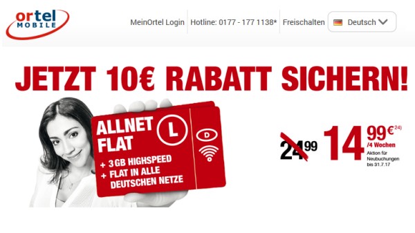 Ortel Mobile: Allnet Flat L mit 10 Euro Rabatt