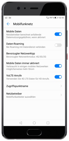 Mobilfunknetz-Einstellungen in Android 7.0 mit aktiven Voice over LTE (VoLTE)