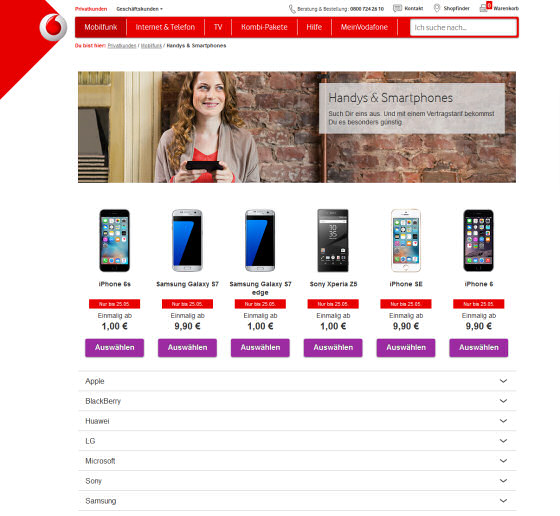 Smartphones im Vodafone Online-Shop