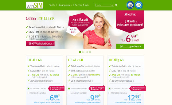 winSIM: LTE All Tarife ab 6,99 Euro/Monat