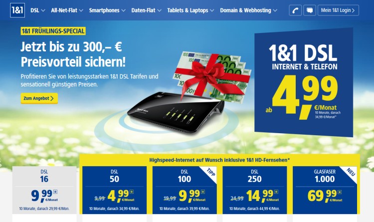 1und1 DSL ab 4,99 Euro im Monat (Screenshot: dsl.1und1.de)