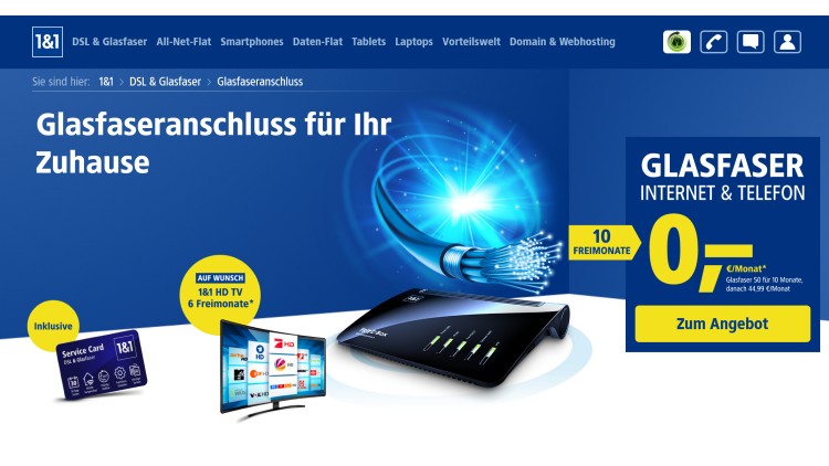 1&1 Glasfaser-Anschlüsse demnächst für Mülheim an der Ruhr, Sylt und Co (Screenshot: 1und1.de) 1und1 Glasfaseranschluss für Zuhause
