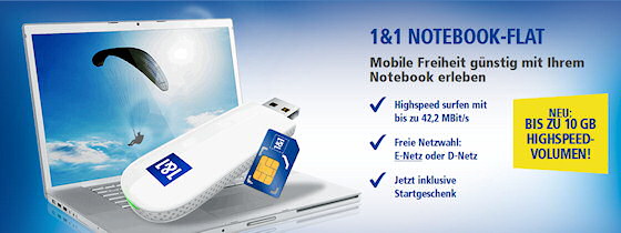 1&1 Notebook-Flat mit bis zu 10 GB Surf-Volumen