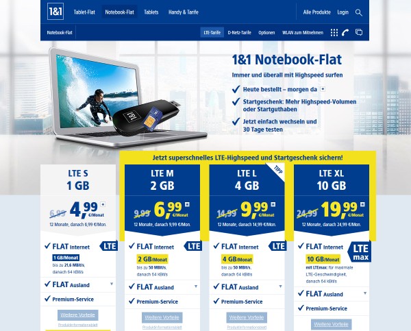 Aktuelle 1&1 Notebook-Flat Tarife (Screenshot: mobile.1und1.de) 1&1 Notebook-Flat Tarife im April 2018
