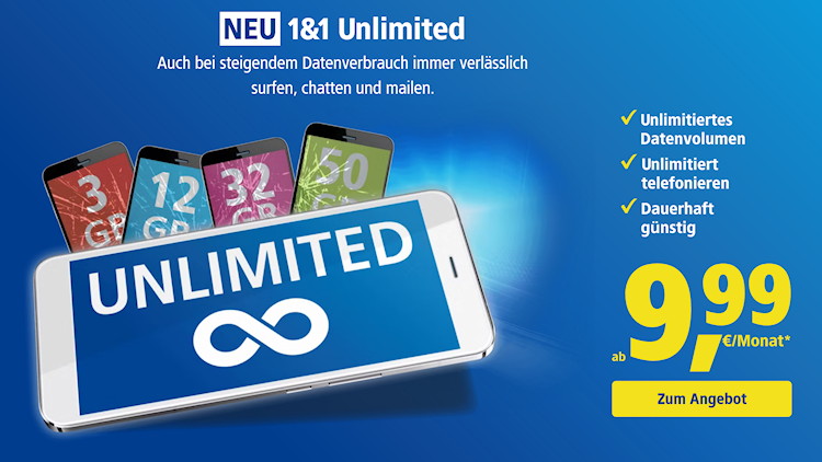1&1 Unlimited Tarife ab 9,99 Euro pro Monat
