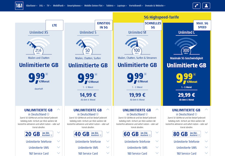 1&1 Unlimited-Tarife im Januar 2025 (Screenshot: mobile.1und1.de) 1&1 Unlimited-Tarife im Januar 2025