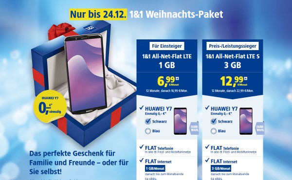 1und1 Weihnachts-Paket: Huawei Y7 2018 mit All-Net-Flat LTE ab 6,99 Euro monatlich
