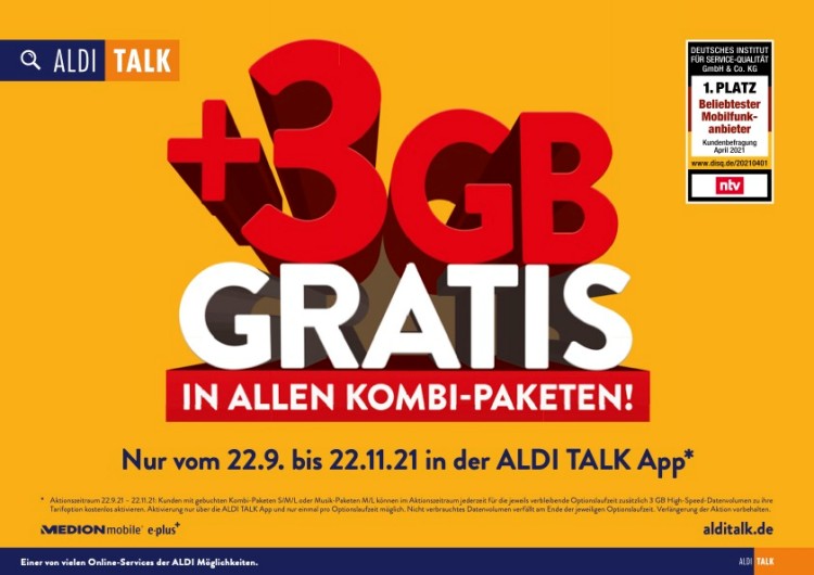 Aldi Talk: 3 GB Gratis-Datenvolumen in Kombi- und Musik-Paketen