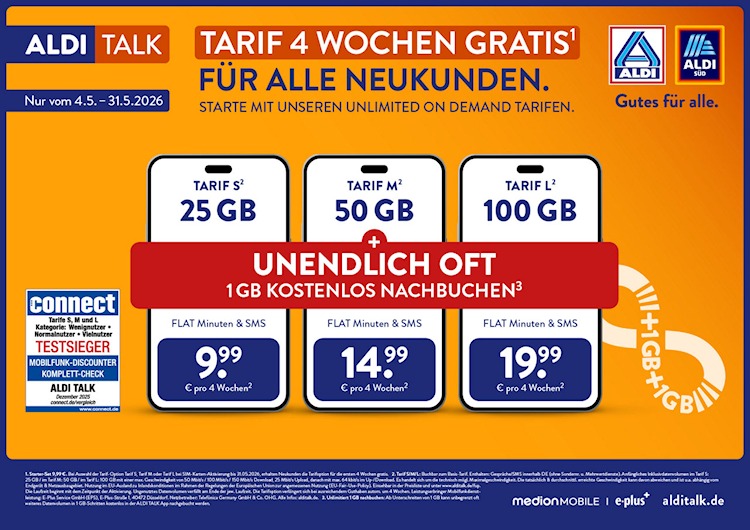 Aldi Talk Neukunden-Aktion: Tarif S, M und L die ersten vier Wochen gratis