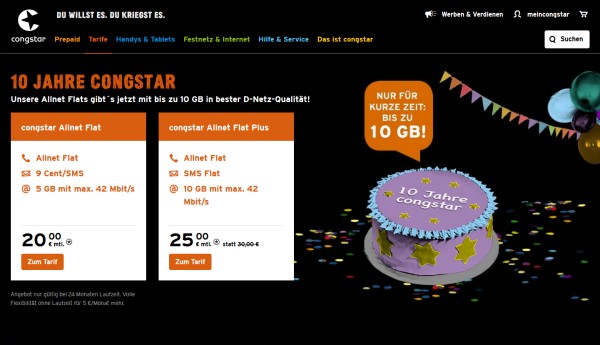 congstar Geburtstags-Datenturbo für Allnet Flat Tarife