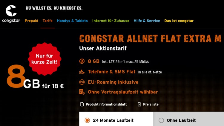 congstar Aktionstarif Allnet Flat Extra M mit 8 GB