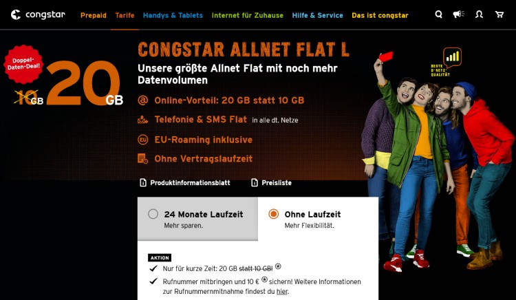 congstar Allnet Flat L mit 20 GB Datenvolumen zum Aktionspreis