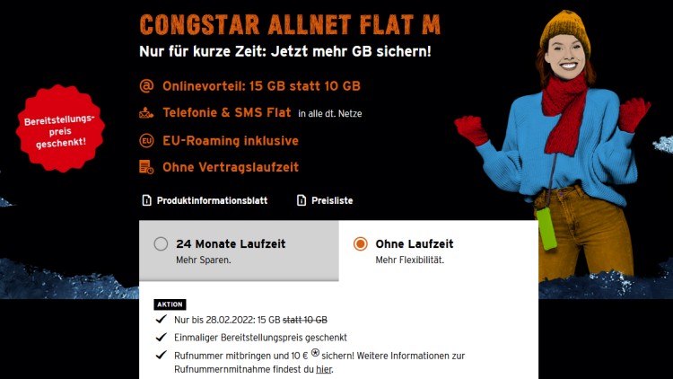 congstar Allnet Flat M bis Ende Februar mit 15 GB LTE-Datenvolumen