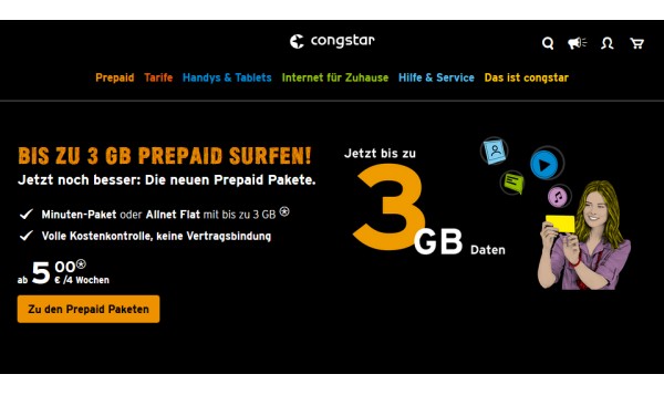 congstar Prepaid-Tarife mit bis zu 3 GB Daten (Teaser)