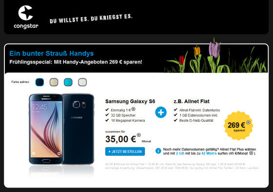 congstar Samsung Galaxy S6 mit Allnet-Flat Aktion
