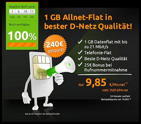 crash tarife Angebot mit Allnet-Flat und 1 GB Daten für 9,85 Euro