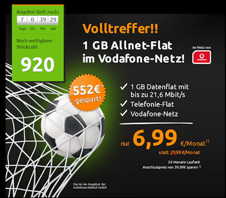 Allnet-Flat mit 1 GB im Vodafone-Netz für 6,99 Euro