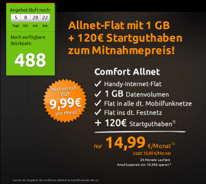 crash-Angebot: Allnet-Flat mit 1 GB für rechnerisch 9,99 Euro/Monat