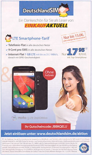 Deutschland-SIM: Telefonie-Flat mit 1 GB und Moto G LTE für 17,95 Euro pro Monat