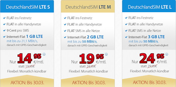 DeutschlandSIM LTE Tarife - Aktion in Übersicht
