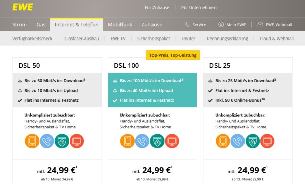 Neue DSL-Tarife ab 24,99 Euro/Monat im ersten Jahr