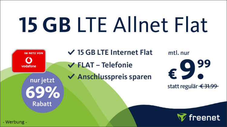 freenet: Allnet-Flat mit 15 GB LTE im Vodafone-Netz für 9,99 Euro