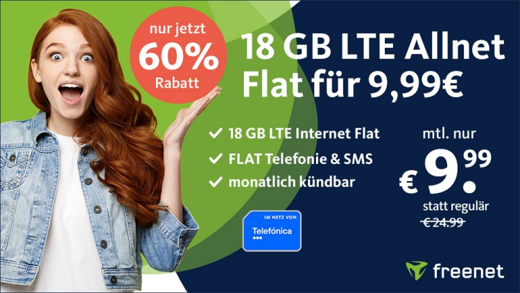 freenet: Allnet-Flat mit 18 GB im Telefónica-Netz für 9,99 Euro monatlich