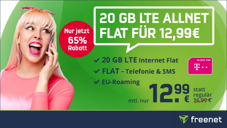 freenet: Allnet-Flat mit 20 GB im Telekom-Netz für 12,99 Euro monatlich