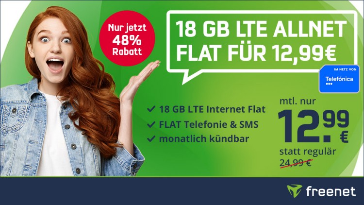 freenet: Allnet-Flat mit 20 GB im Telekom-Netz für 12,99 Euro monatlich
