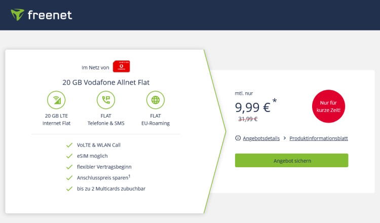 freenet: Allnet-Flat mit 20 GB LTE im Vodafone-Netz für 9,99 Euro