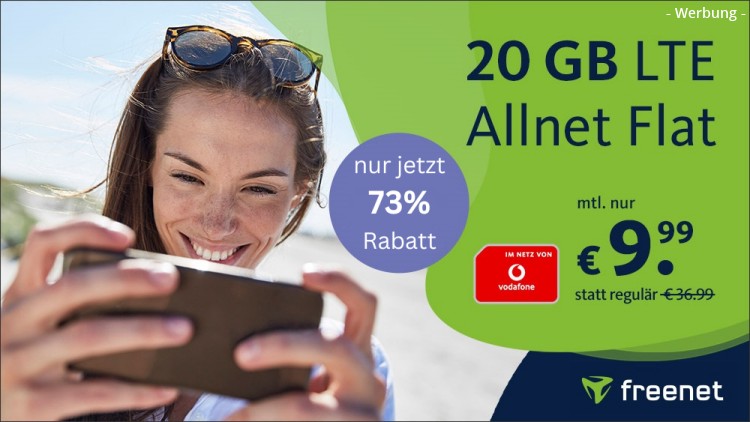freenet: Allnet-Flat mit 20 GB LTE im Vodafone-Netz für 9,99 Euro