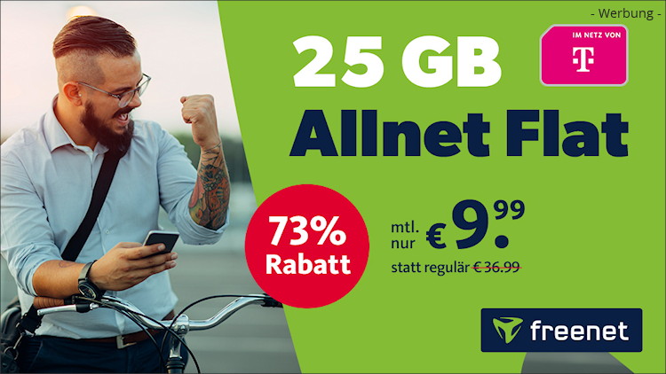 freenet: Allnet-Flat mit 25 GB LTE im Telekom-Netz für 9,99 Euro (Bild: freenet.de) freenet: Allnet-Flat mit 25 GB LTE im Telekom-Netz für 9,99 Euro
