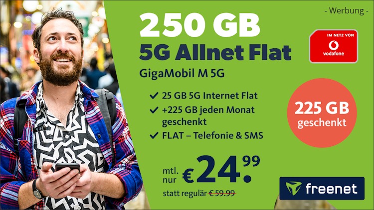 freenet: Allnet-Flat mit 250 GB im Vodafone 5G-Netz für 24,99 Euro (Bild: freenet.de) freenet: Allnet-Flat mit 250 GB im Vodafone 5G-Netz für 24,99 Euro