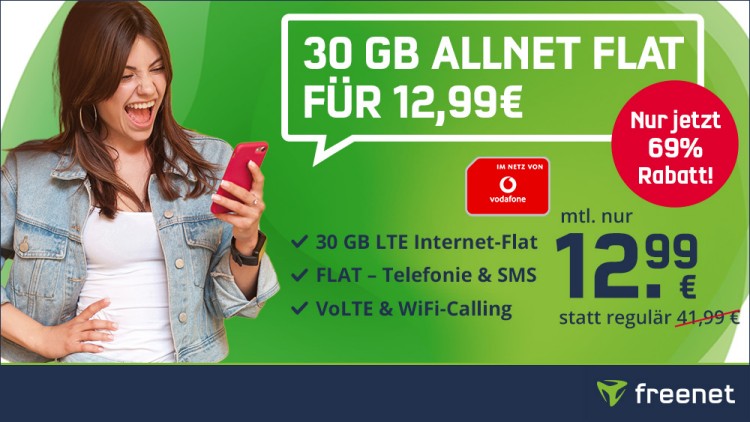freenet: Allnet-Flat mit 30 GB im Vodafone-Netz für 12,99 Euro monatlich