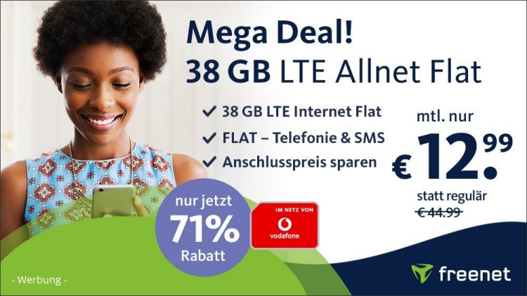 freenet: Allnet-Flat mit 38 GB LTE im Vodafone-Netz für 12,99 Euro