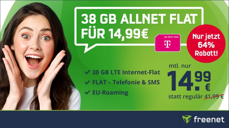 freenet: Allnet-Flat mit 38 GB im Telekom-Netz für 14,99 Euro monatlich (Bild: freenet) freenet: Allnet-Flat mit 38 GB im Telekom-Netz für 14,99 Euro monatlich