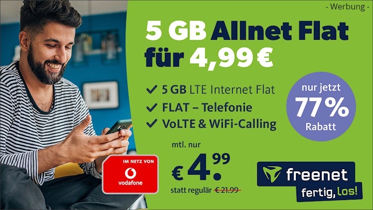 freenet: Allnet-Flat mit 5 GB LTE im Vodafone-Netz für 4,99 Euro (Bild: freenet.de) freenet: Allnet-Flat mit 5 GB LTE im Vodafone-Netz für 4,99 Euro