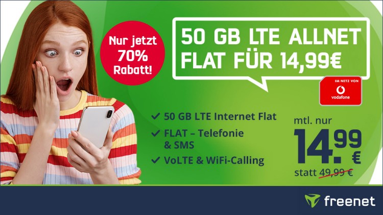 freenet: Allnet-Flat mit 50 GB im Vodafone-Netz für 14,99 Euro monatlich