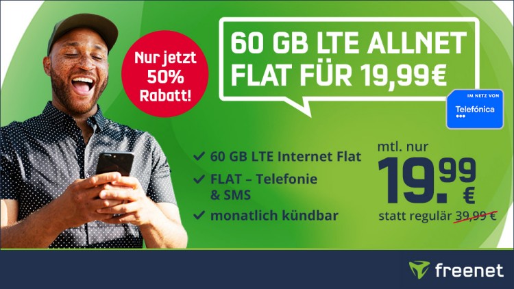 freenet: Allnet-Flat mit 60 GB im Telefónica-Netz für 19,99 Euro monatlich