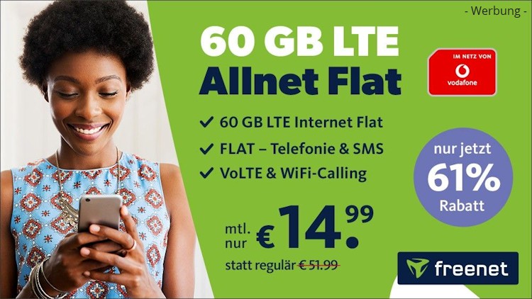 freenet: Allnet-Flat mit 60 GB LTE im Vodafone-Netz für 14,99 Euro (Bild: freenet.de) freenet: Allnet-Flat mit 60 GB LTE im Vodafone-Netz für 14,99 Euro