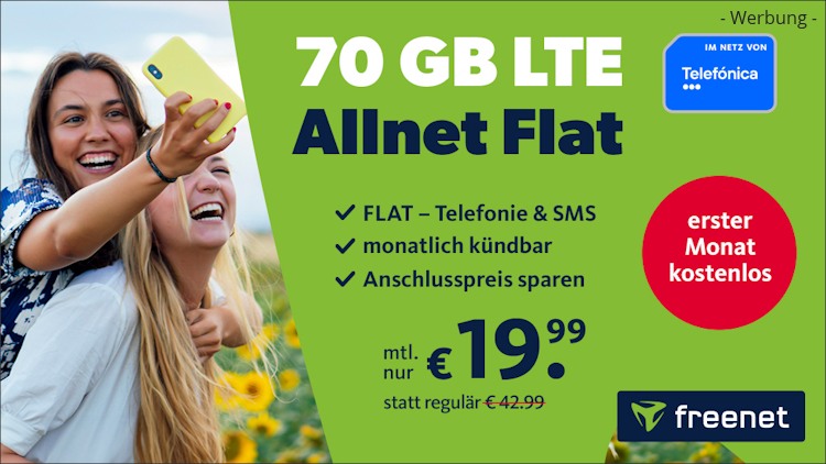 freenet: Allnet-Flat mit 70 GB LTE im O2-Netz für 19,99 Euro