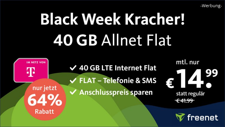 freenet: Allnet-Flat mit 40 GB im Telekom-Netz für 14,99 Euro monatlich