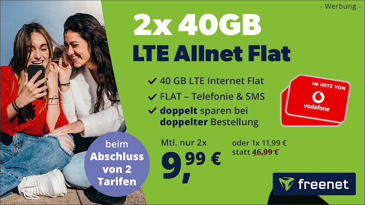 freenet: 2x 40 GB Allnet-Flat für je 9,99 Euro (Bild: freenet.de) freenet: 2x 40 GB Allnet-Flat für je 9,99 Euro