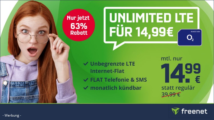 freenet: Unlimited LTE Tarif im O2-Netz für 14,99 Euro monatlich