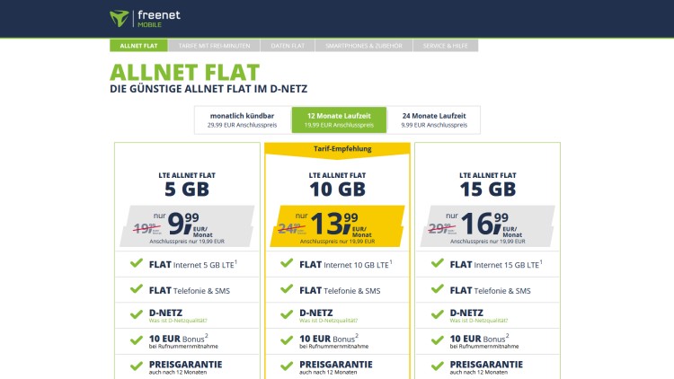 freenet Mobile Allnet Flat Tarife mit 12 Monaten Laufzeit