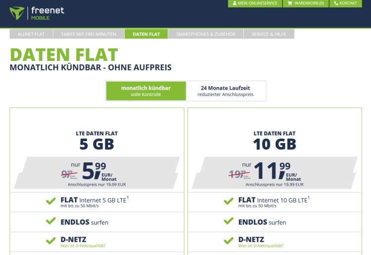 Daten-Flat Tarife bei freenet Mobile