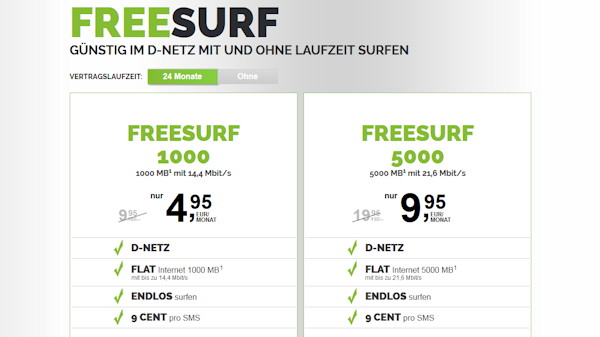Neue freeSURF 1000 und 5000 Datentarife