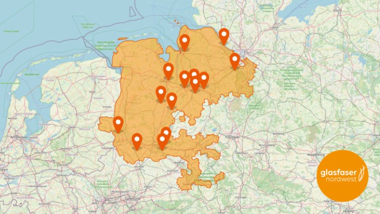Die Netzregion von Glasfaser Nordwest und die 14 ersten Ausbaugebiete (Bild: Glasfaser Nordwest) Die Netzregion von Glasfaser Nordwest und die 14 ersten Ausbaugebiete